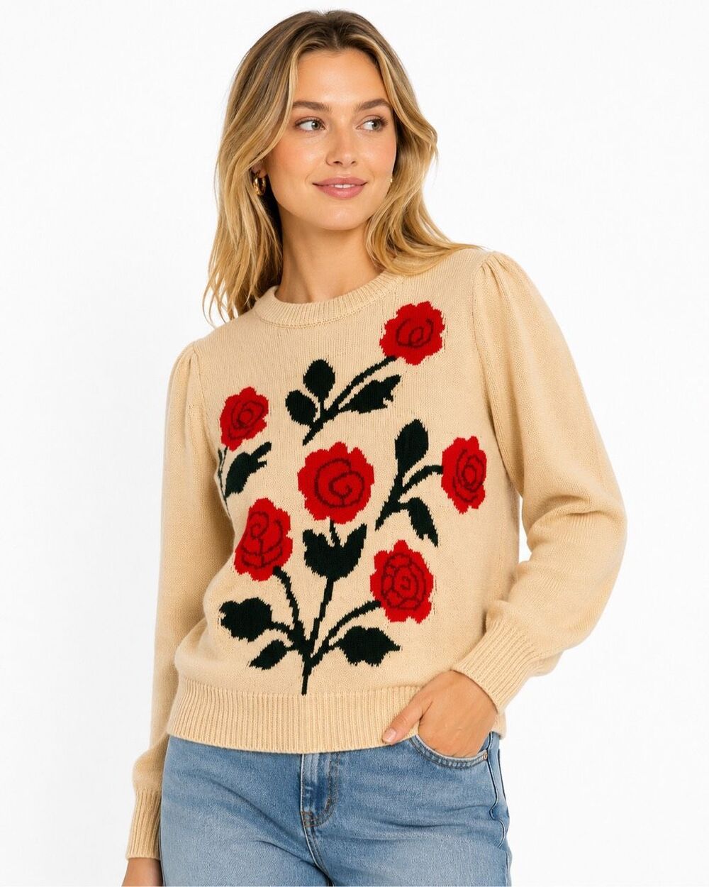NWT OXKNIT Cream Red Rose Floral Retro Puff Sleeve Sweater Size Small New